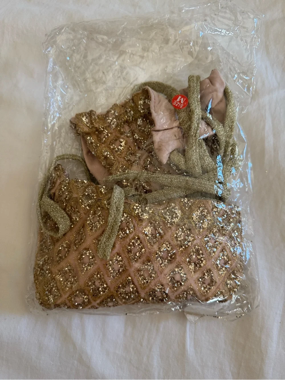 New SHEIN Pink and Gold Glitter Tie Triangle Bikini size M - Picture 4 of 5